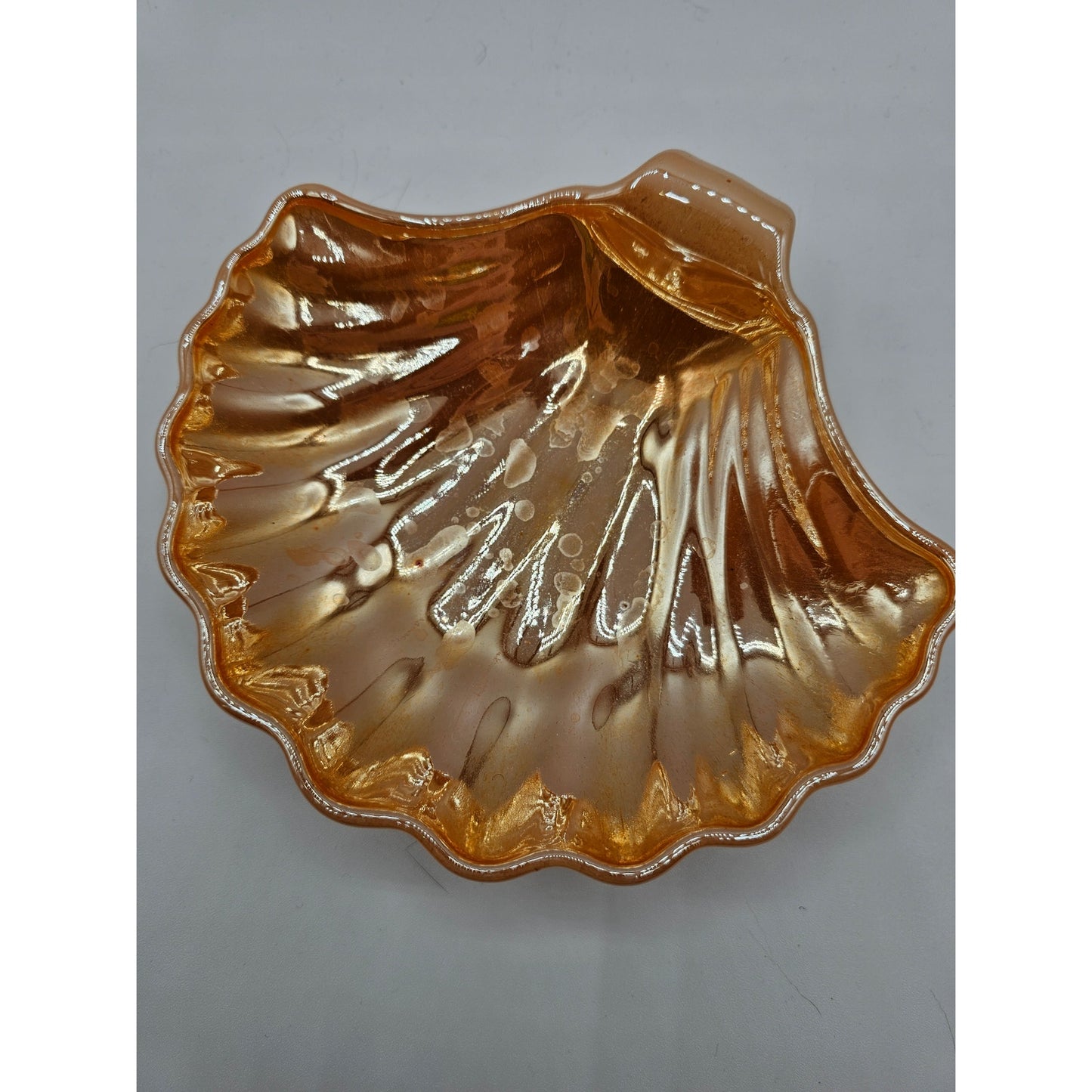 Vintage Anchor Hocking Luster Ware Shell Shaped Scallop Dish Peach Gold