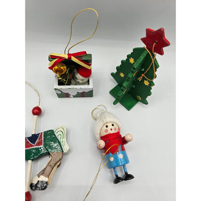 Lot of 5 Vintage Hand Painted Wooden Christas Ornaments Tree Carousel Present
