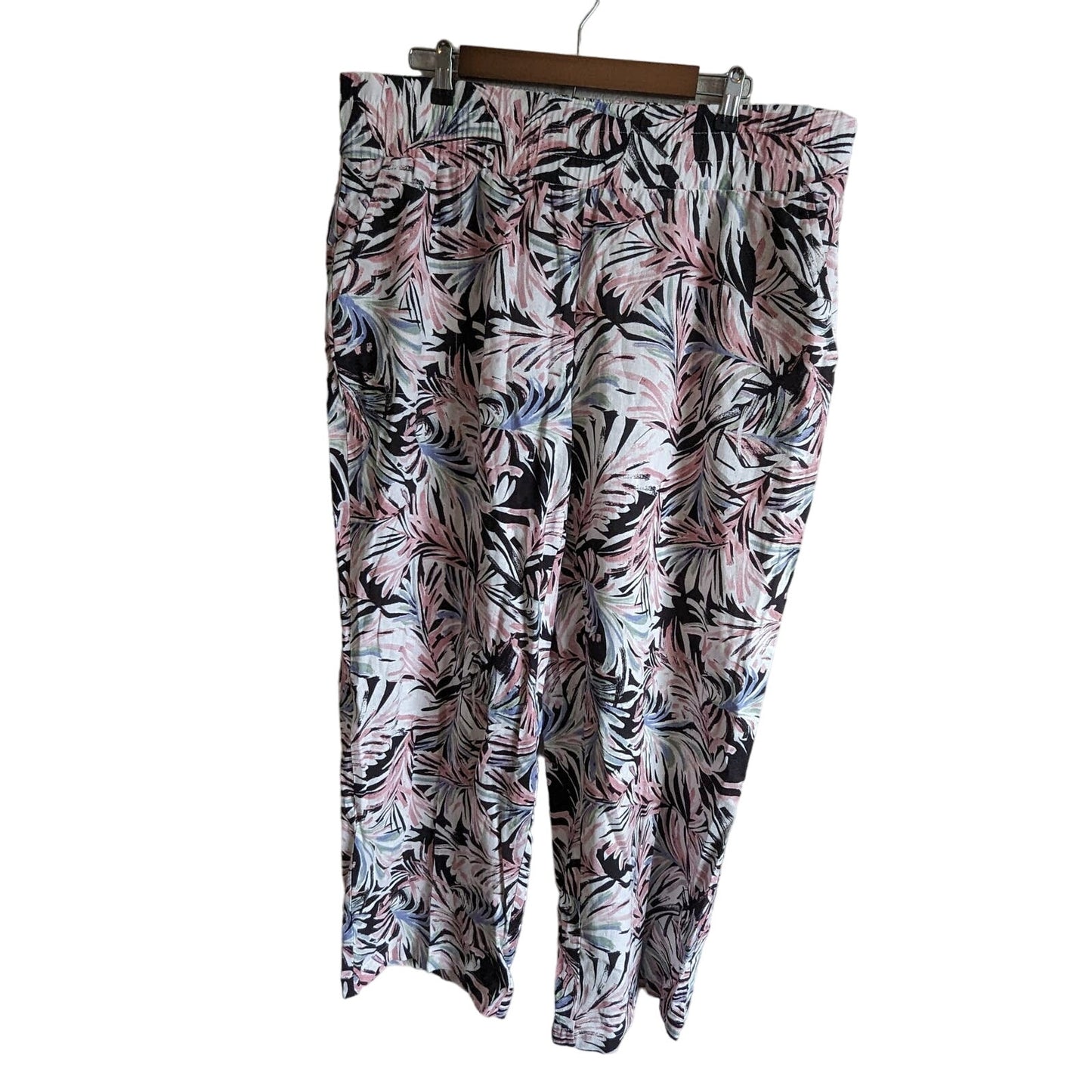 Land N Sea Womens Sz XL Pull On Washable Linen Pants Floral Pink Black NEW