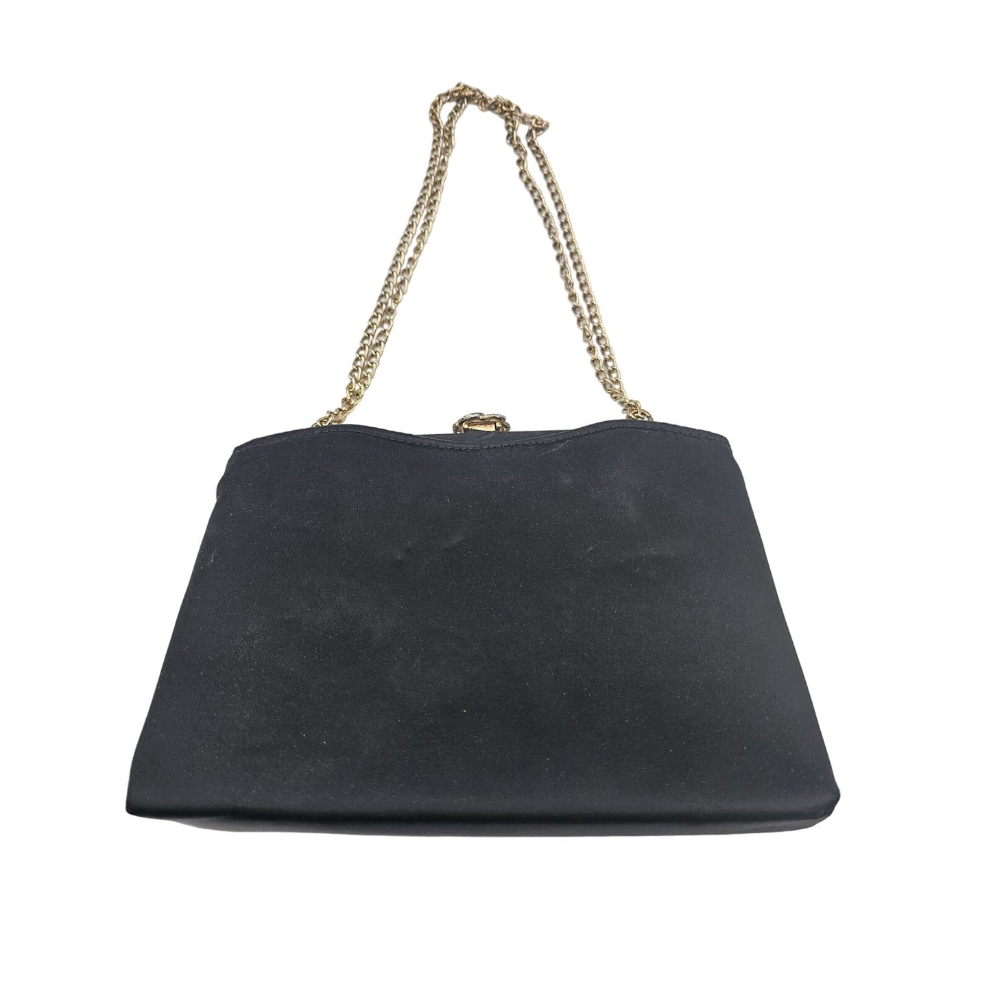 Vintage 1960s HL USA Womens Clamshell Clutch Formal Purse Black Gold Chain