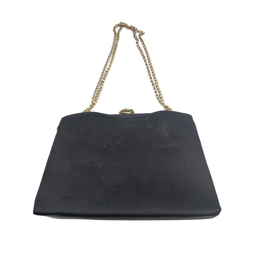 Vintage 1960s HL USA Womens Clamshell Clutch Formal Purse Black Gold Chain