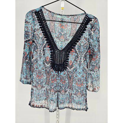 Maurices Womens Sz XS V Neck Boho Blouse Crochet Fringe Blue Pink