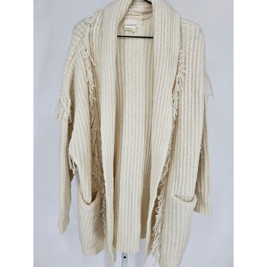 Anthropologie Womens Sz M/L Amanza Ivory Fringed Cardigan Sweater