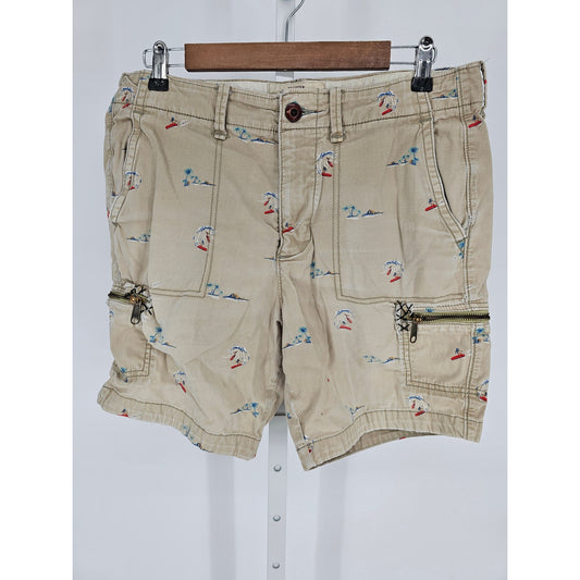 Hollister Beach Prep Fit Mens Sz 32 Cargo Shorts Beige Surf Board Print Y2K