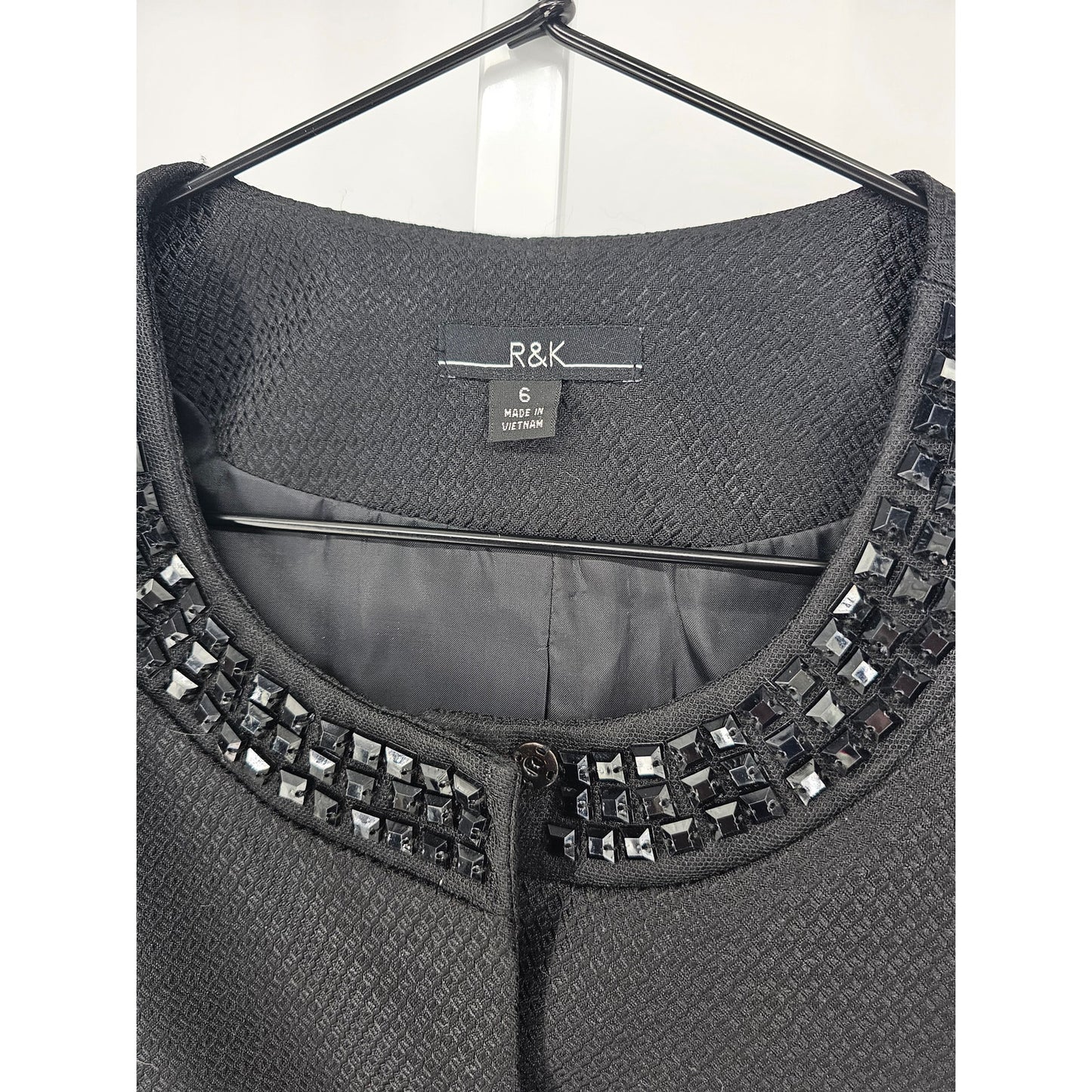R&K Womens Sz 6 Structured Blazer Jacket Black Formal Rhinestone Studded