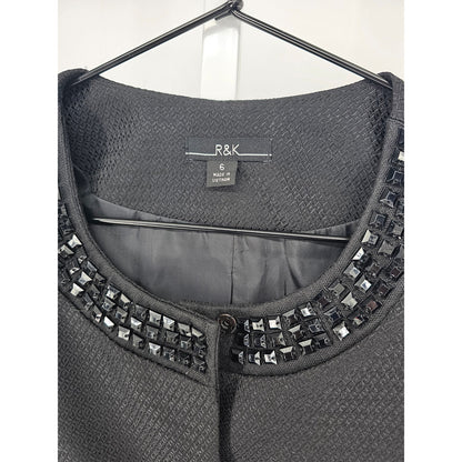 R&K Womens Sz 6 Structured Blazer Jacket Black Formal Rhinestone Studded
