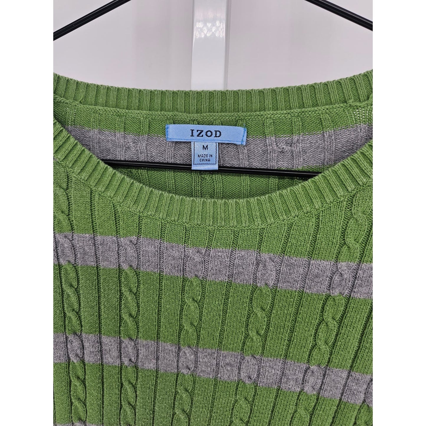 Izod Womens Sz M 100% Cotton Lightweight Sweater Gray Green Striped Cableknit