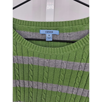 Izod Womens Sz M 100% Cotton Lightweight Sweater Gray Green Striped Cableknit