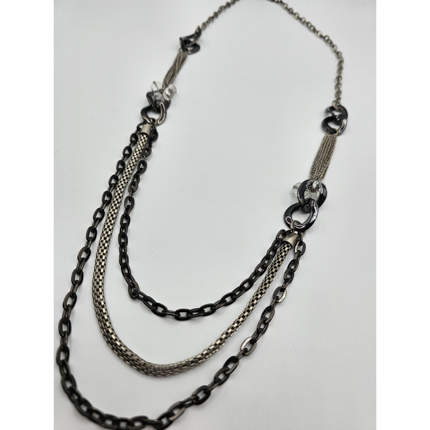 Vintage Y2K Statement Piece Necklace Silver Tone Multi Strand Crystal Accents