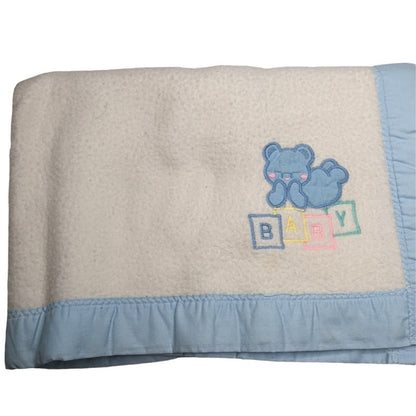 Vintage Cuddle Time Acrylic Baby Blanket Teddy Bear ABC White Blue USA