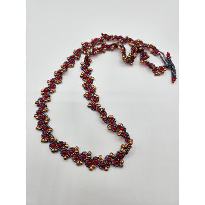 Vintage Y2K Seed Bead and Glass Beaded Braided Necklace Red Purple Gold