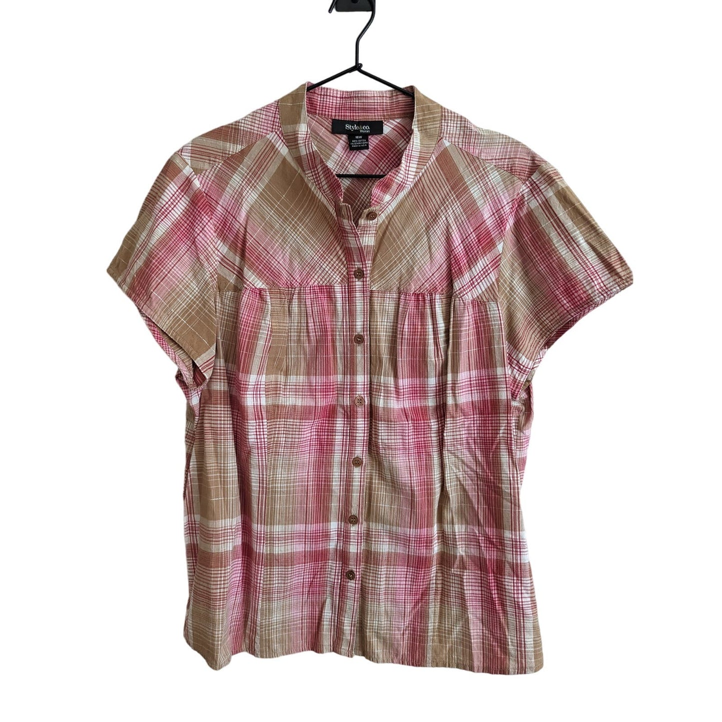 Style & Co Womens Sz 16W Short Sleeve Button Down Shirt Pink Tan Plaid