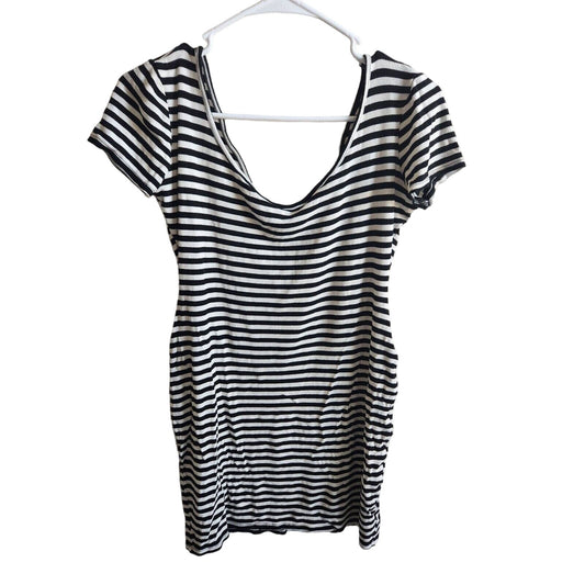 Popular Basics Womens Sz L Ribbed Mini Dress Wide Shoulder Black White Striped Y