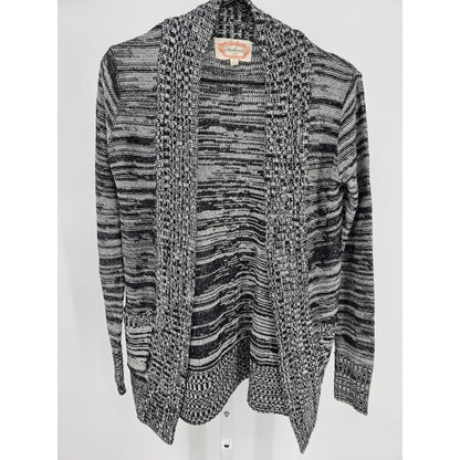 Ambiance Womens Sz S Open Front Cardigan Sweater Black White Woven Knit