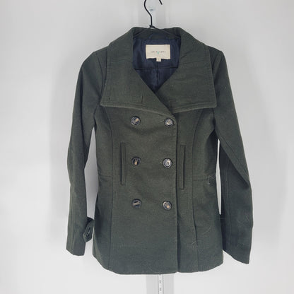 Thread & Supply Womens Sz XS Hip Length Double Breasted Coat Olive Green Wool