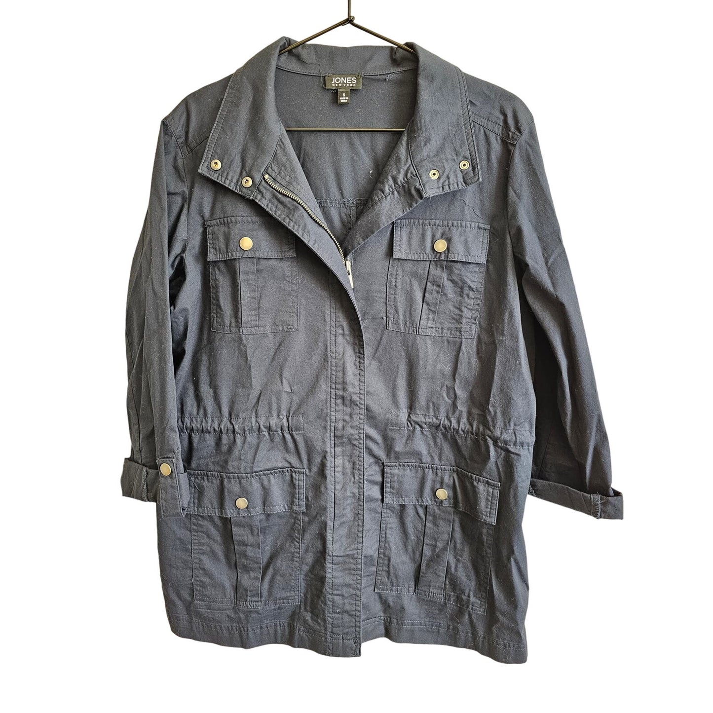 Jones New York Womens Sz S Safari Style Hip Length Jacket Slate Navy Zip Up