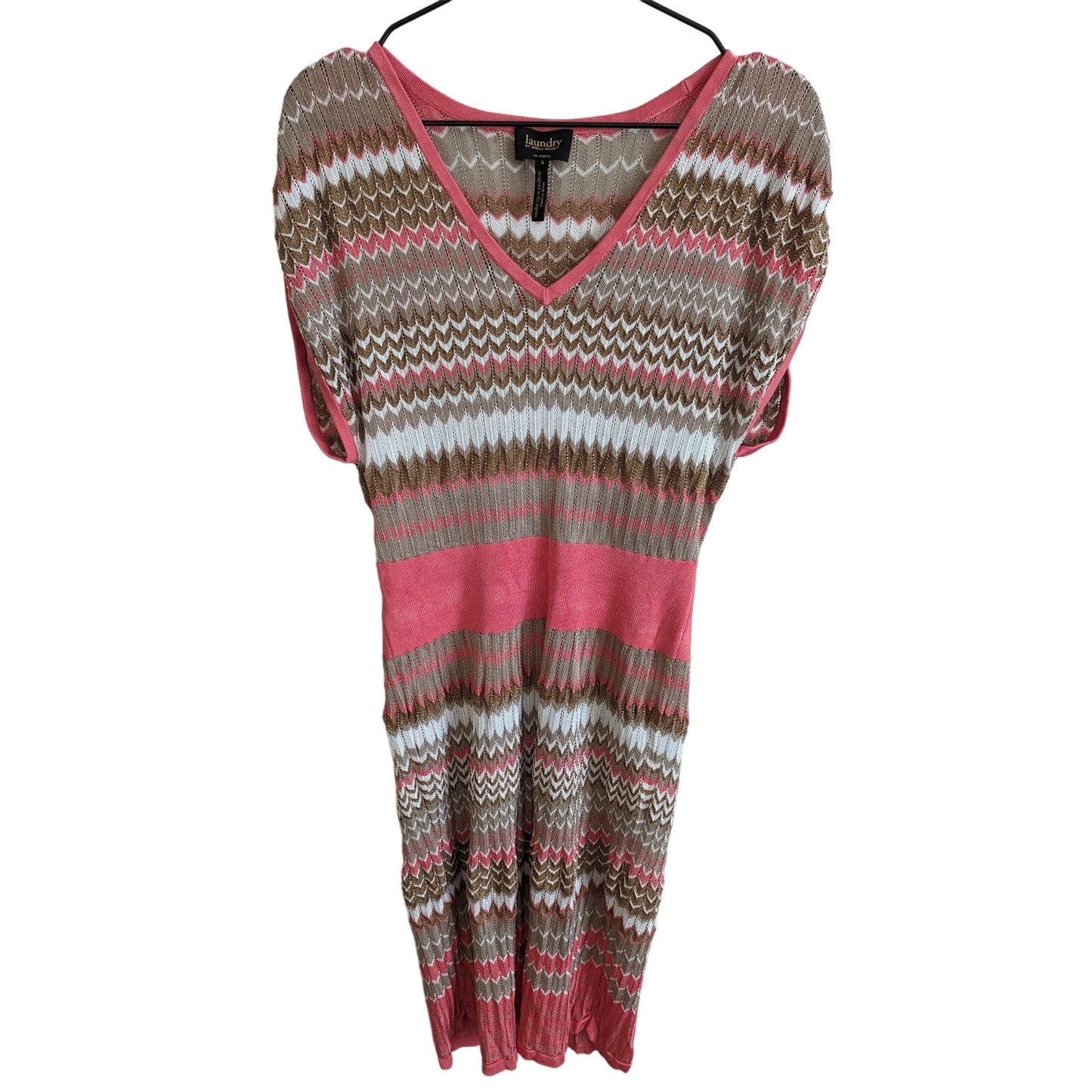 Laundry by Shelli Segal Womens Sz S Midi Dress Beige Pink Chevron Open Knit