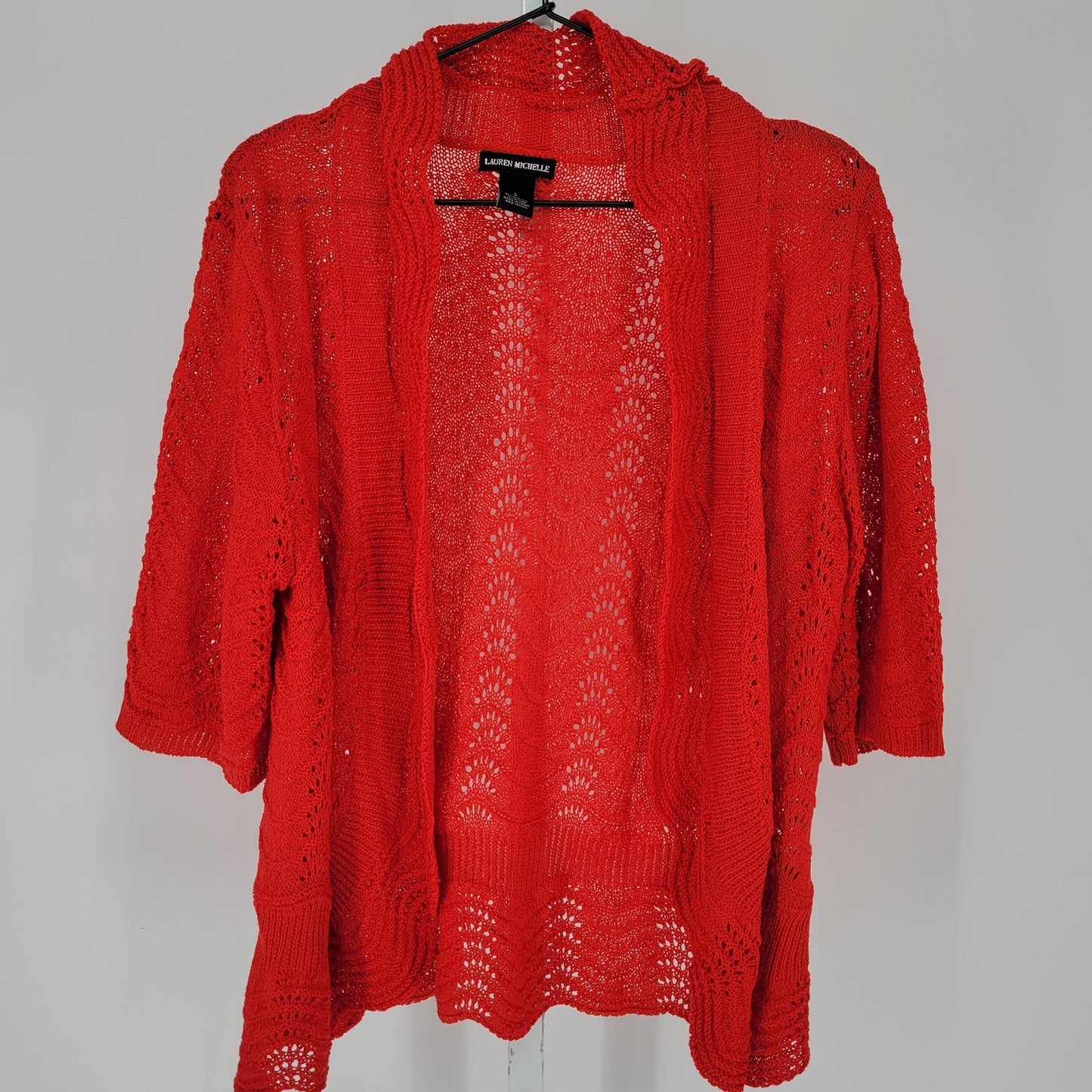 Lauren Michelle Womens Sz L 3/4 Sleeve Open Knit Cardigan Sweater Red Lace