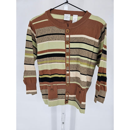 Emma James Womens Sz PXL Petite Cardigan Sweater Striped Brown Green Lightweight