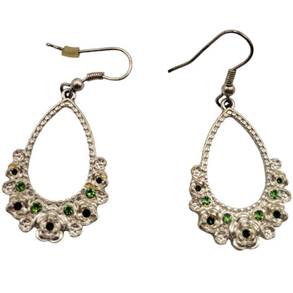 Vintage Y2K French Hook Dangle Earrings Silver Tone Green Rhinestones