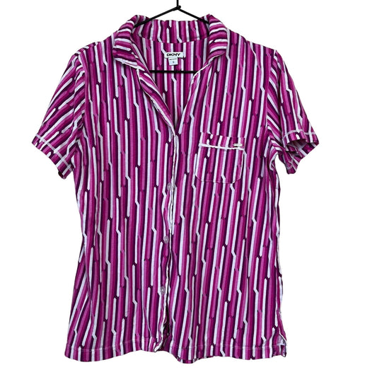 DKNY Womens Sz S Button Down Short Sleeve Sleep Shirt Pink Striped