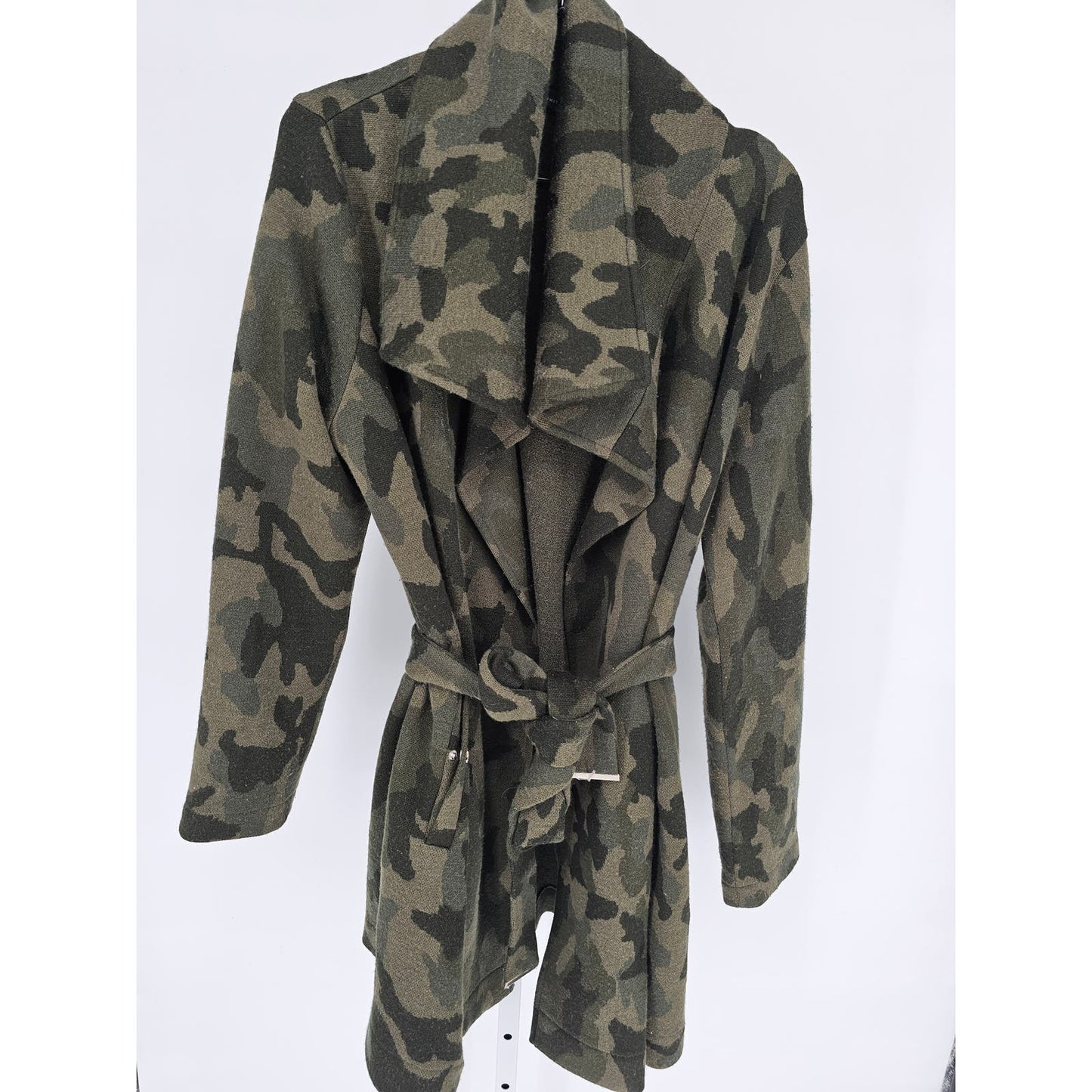 WHBM Womens Sz L Belted Wool Blend Knee Length Coat Green Camo Camouflage