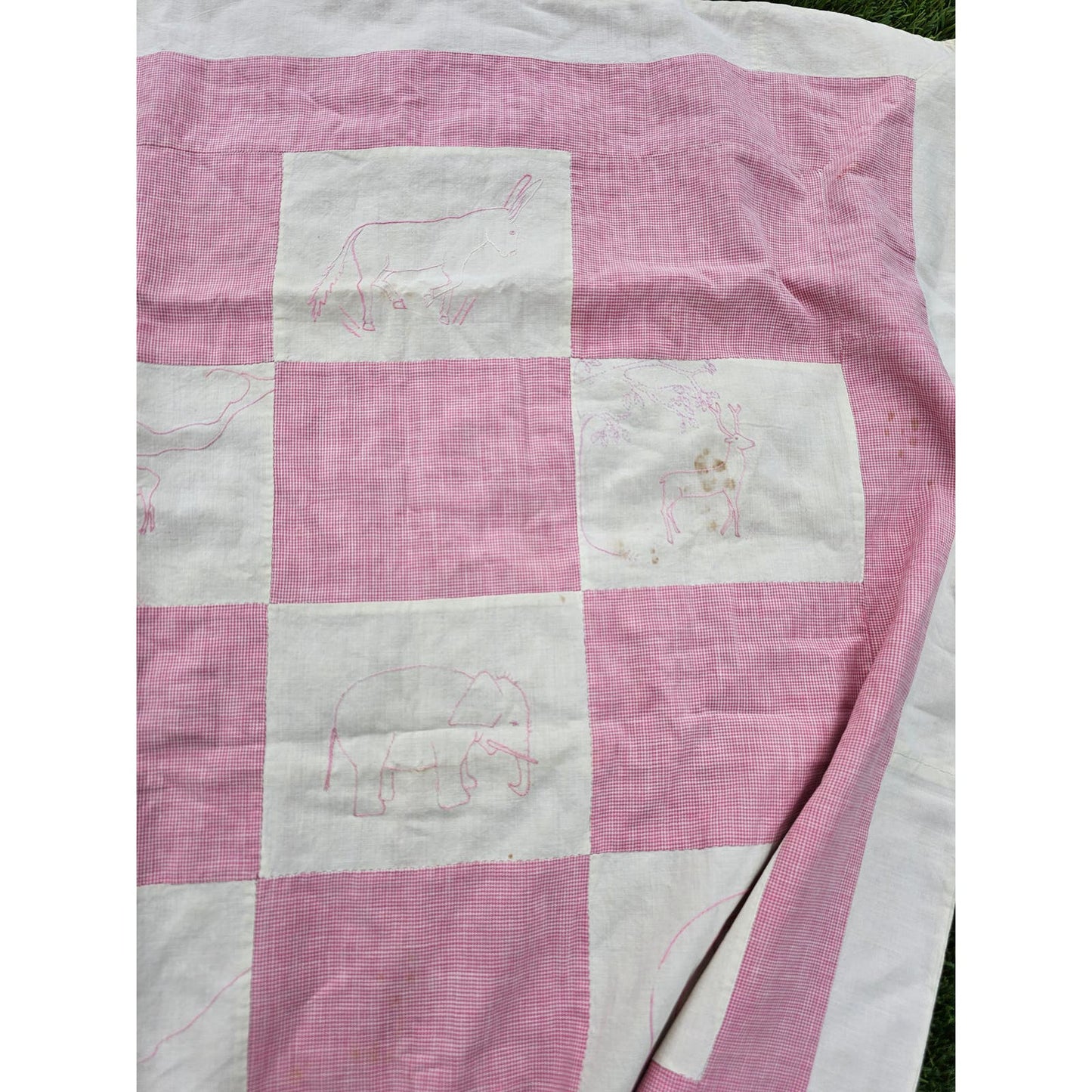 Vtg 1960s Handmade Baby Blanket Quilt Pink White Checkered Needlepoint Animals