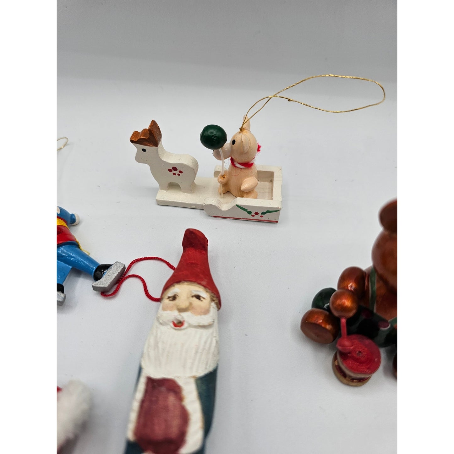 Lot of 5 Vintage Hand Painted Wooden Christas Ornaments Horse Santa Teddy Bear