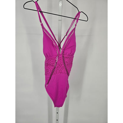 Ambrielle Womens Sz L One Piece Swimsuit Bright Pink w/ Crochet Cutouts