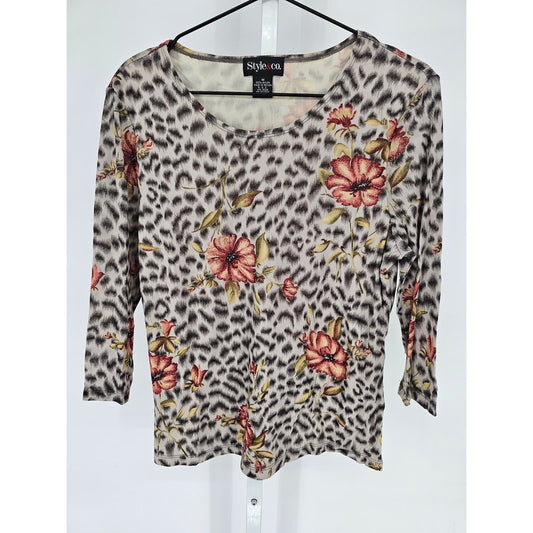 Style & Co Womens Sz M Long Sleeve Nylon Top Leopard Print Floral