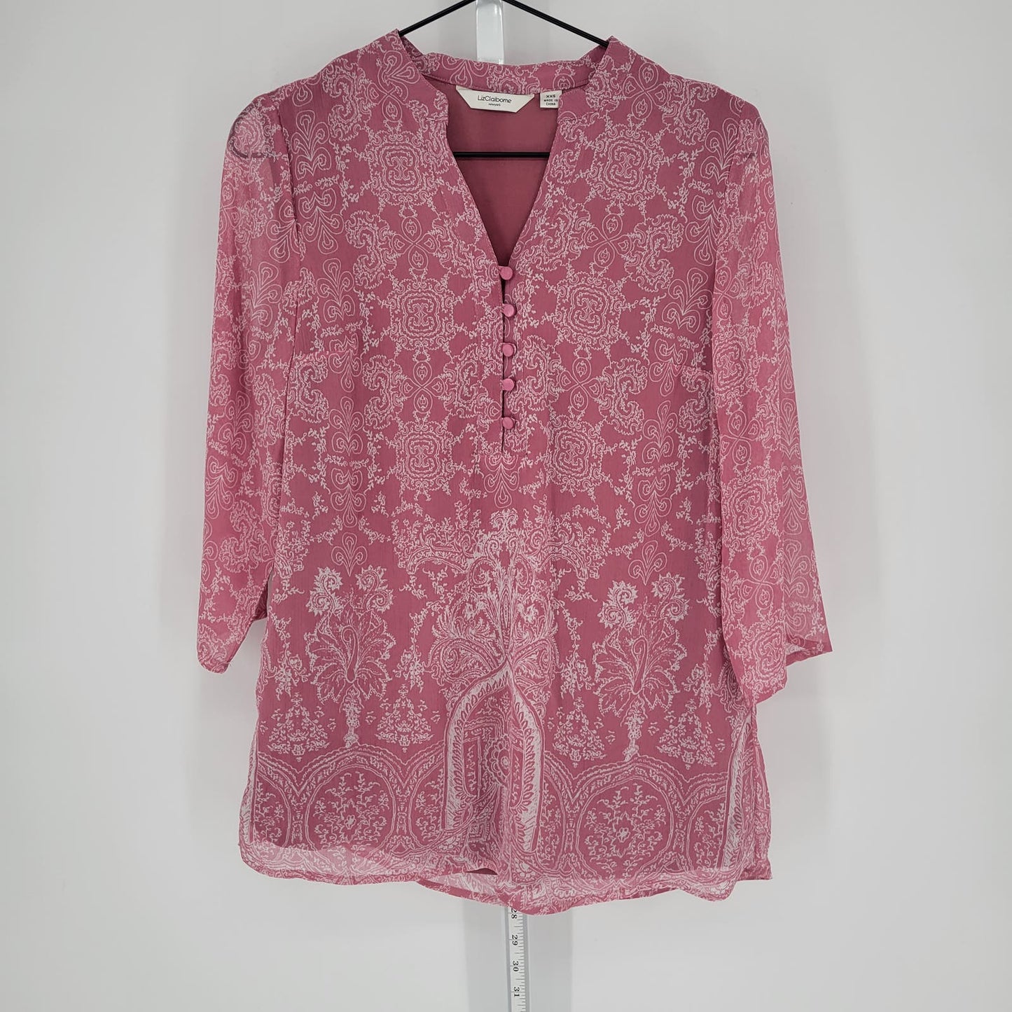 Liz Claiborne Womens Sz XXS 3/4 Sleeve Tunic Blouse Pink White Floral Print