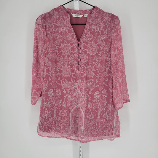 Liz Claiborne Womens Sz XXS 3/4 Sleeve Tunic Blouse Pink White Floral Print