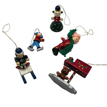 Lot of 5 Vintage Hand Painted Wooden Christas Ornaments Mail Box Sleigh Etc