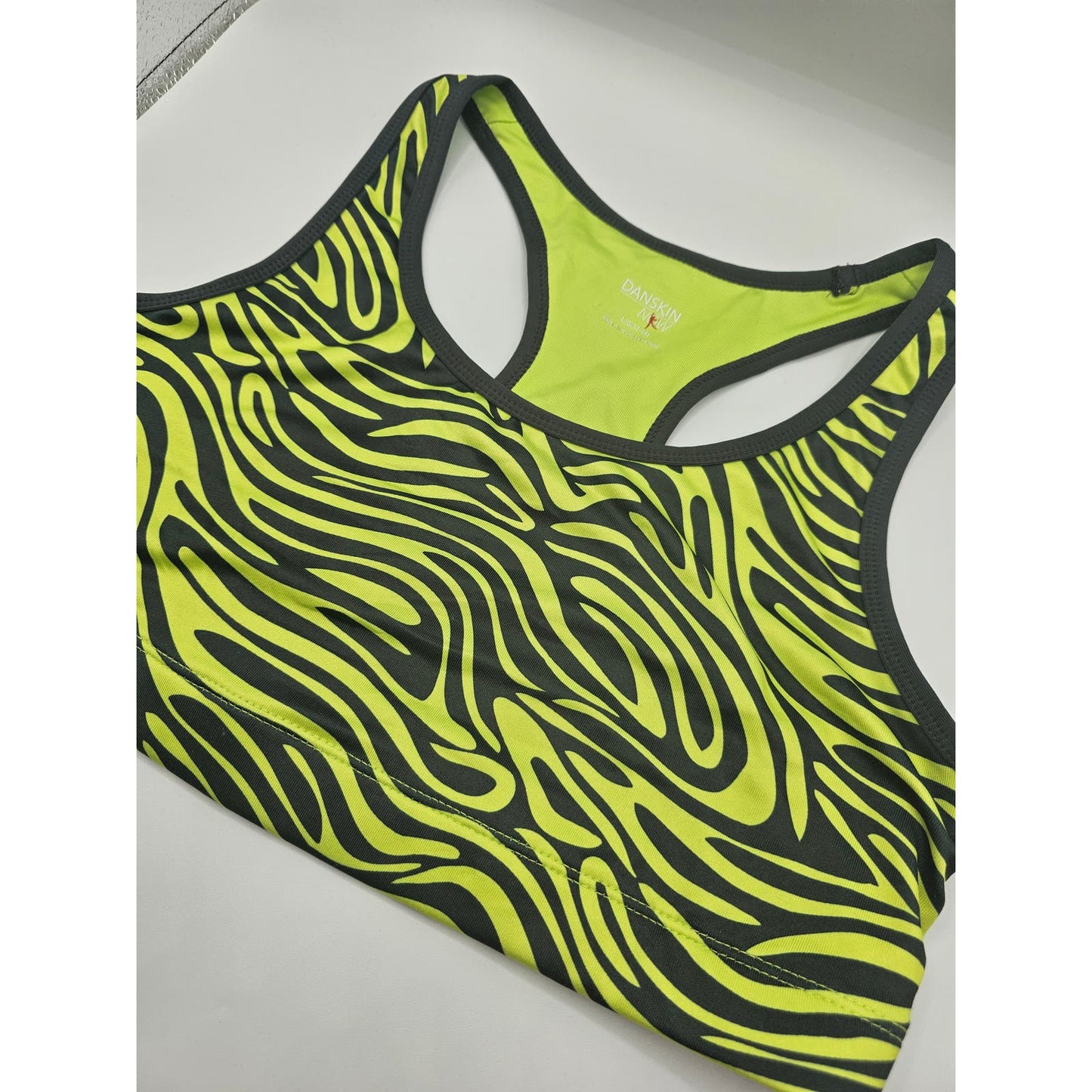 Danskin Now Womens Sz L Racerback Sports Bra Black Bright Green Zebra Print