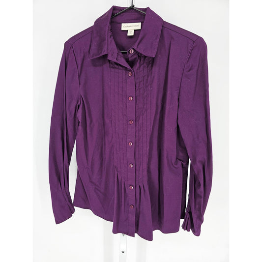 Coldwater Creek Womens Sz M Long Sleeve Button Up Dress Shirt Dark Purple Pleat