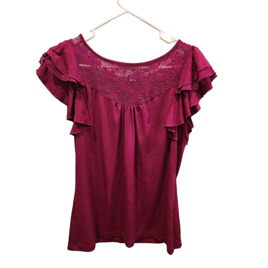 Worthington Womens Sz M Ruffled Sleeve Short Sleeve Blouse Dark Pink