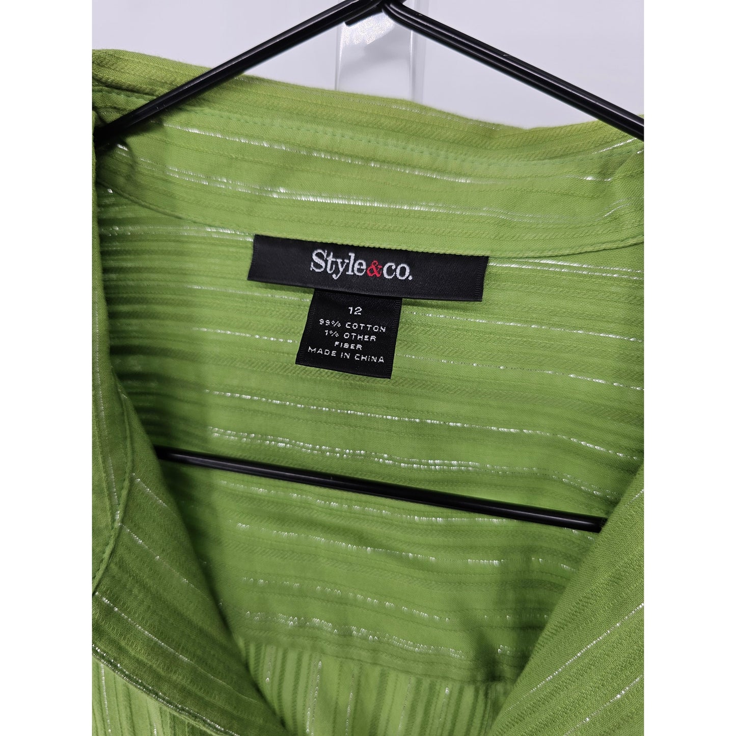 Style & Co Womens Sz 12 3/4 Sleeve Button Up Blouse Green Metallic Weave