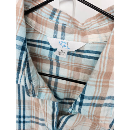 Time & Tru Womens Sz M Long Sleeve Button Up Plaid shirt Navy and Peach