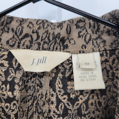 J Jill Womens Sz 12 Tapestry Style Formal Jacket Beige Black Floral Button Up