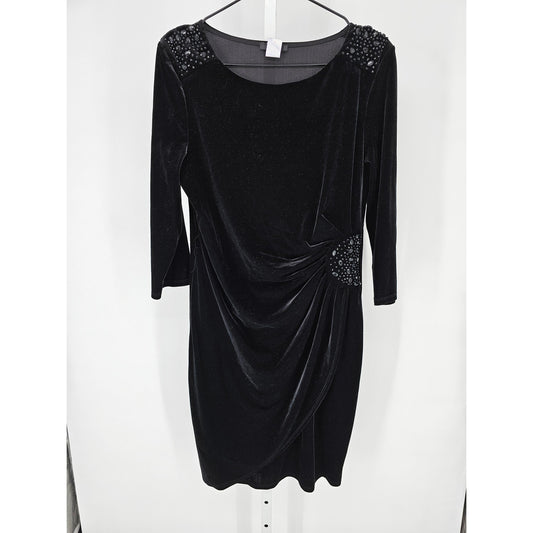 MSK Womens Sz 10 Long Sleeve Knee Length Formal Dress Black Velvet Beaded