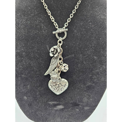 Vintage Y2K Silver Tone Toggle Charm Necklace Feather Heart Rose Rhinestone