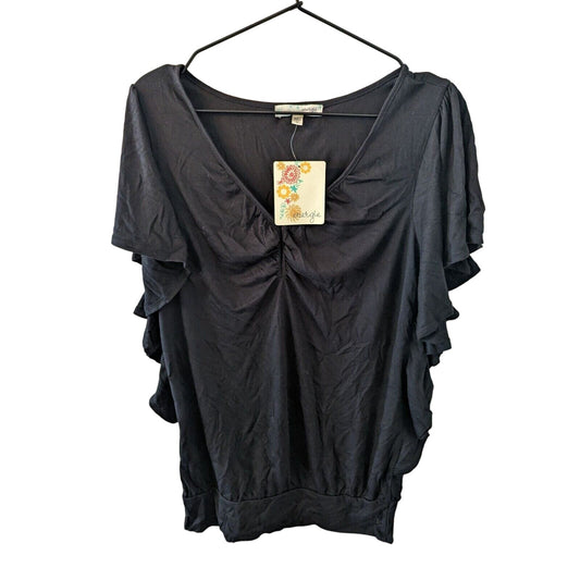 Vintage Y2K Energie Womens Sz L Solid Black Flutter Sleeve Blouse NEW