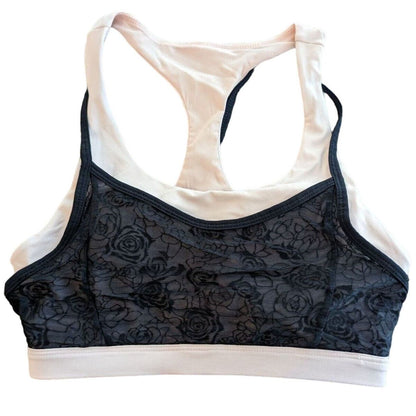 Fabletics Womens Sz S Sports Bra White w/ Black Lace Overlay