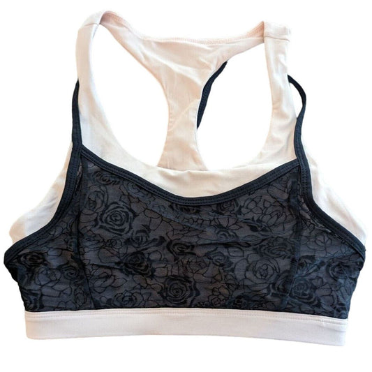 Fabletics Womens Sz S Sports Bra White w/ Black Lace Overlay