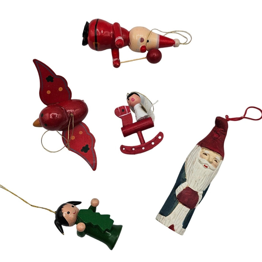 Lot of 5 Vintage Hand Painted Wooden Christas Ornaments Bird Rocking Horse Santa