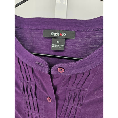 Style & Co Womens Sz M Short Sleeve Cotton Blouse Purple Micro Pleat Front