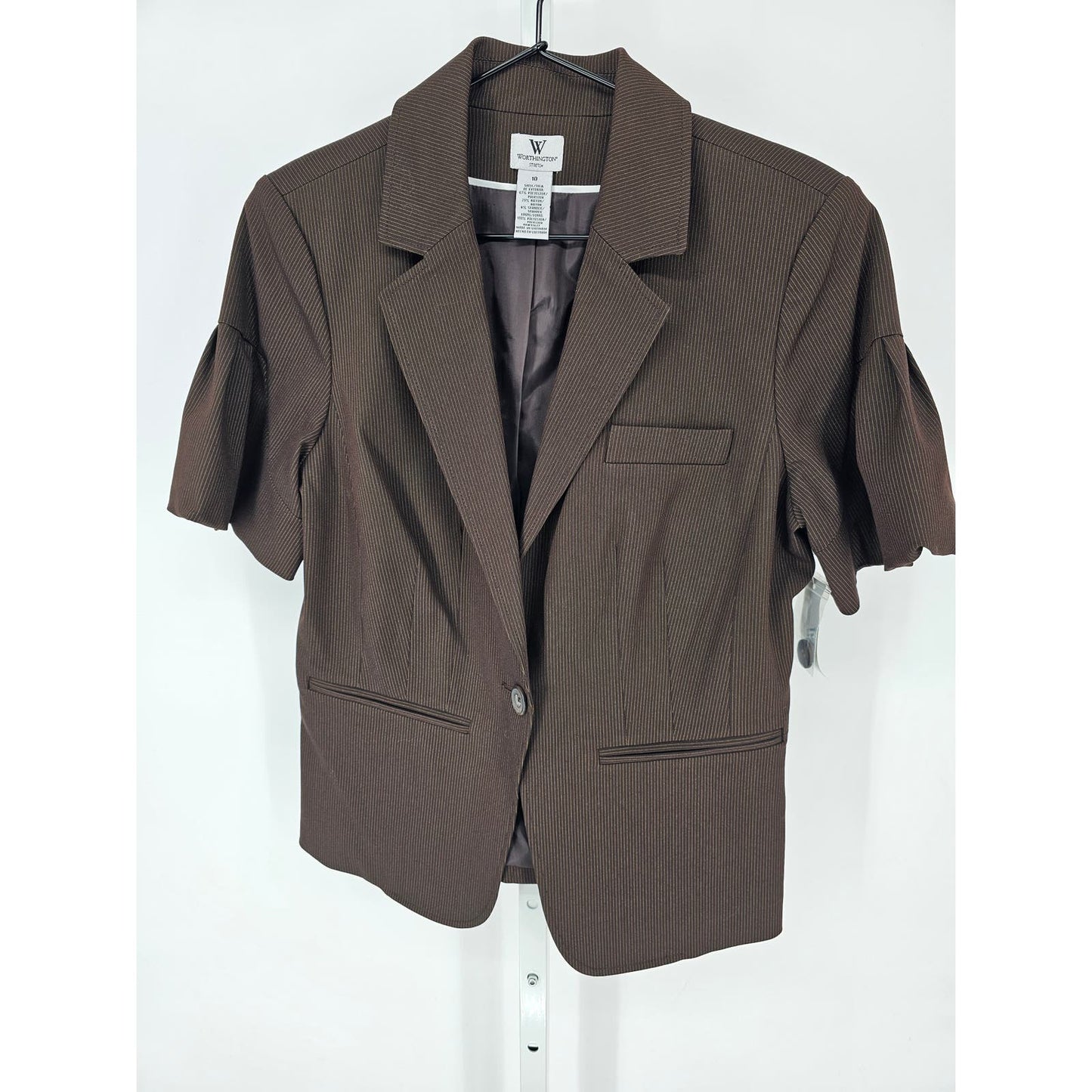 Worthington Womens Sz 10 Short Sleeve Blazer Jacket Brown Pinstripe Career