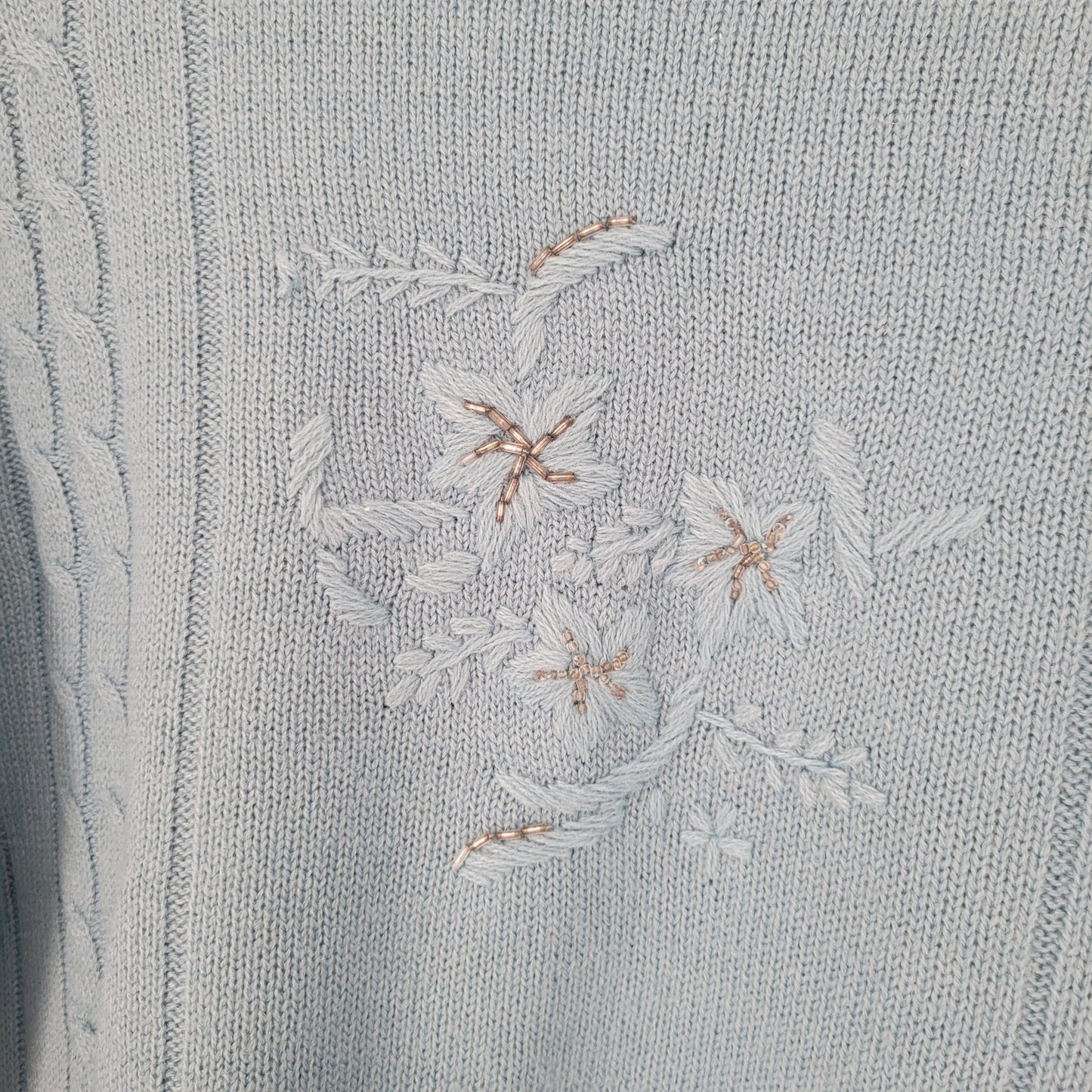 Haband Womens Sz S Knit Sweater Blue Floral Embroidered Front Thick Knit