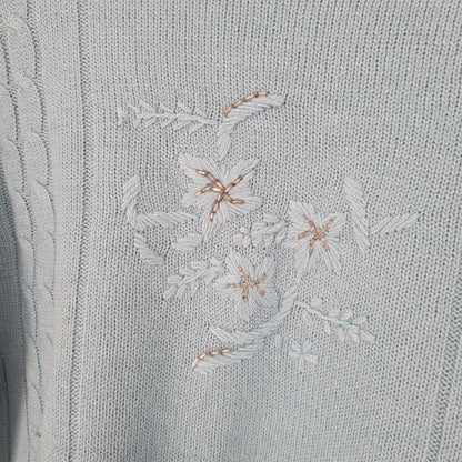 Haband Womens Sz S Knit Sweater Blue Floral Embroidered Front Thick Knit