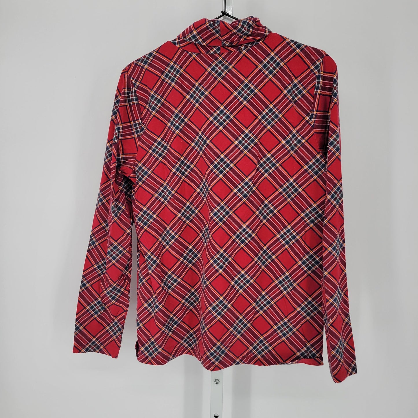 Talbots Womens Sz L Long Sleeve Turtleneck T Shirt Red Blue Plaid Cotton Blend